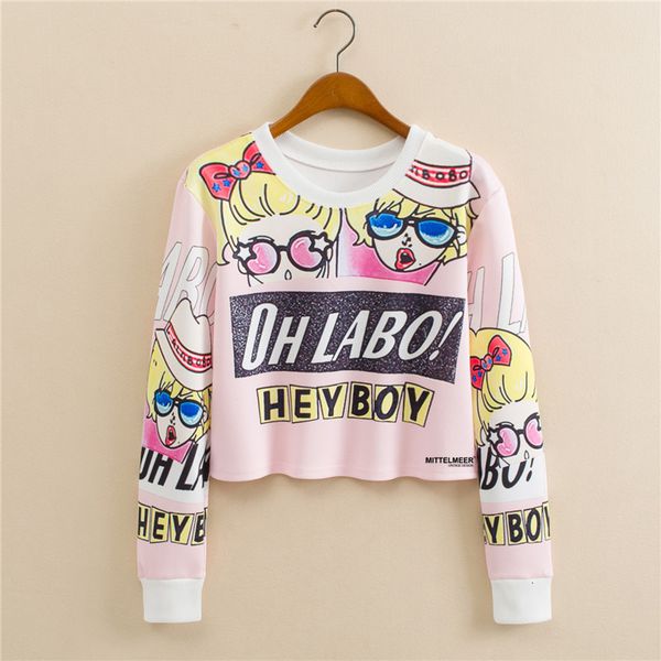 

2021 new crop cropped hoodies japanese harajuku women kawaii long sleeve crewneck graphic sweatshirt cute pink hoodie c408 sxeo, Black