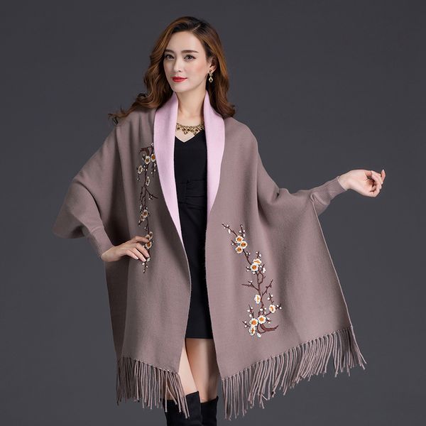 

autumn winter can wear shawl scarf dual-use embroidery with sleeves wool cashmere thick tassel cloak female 210218, White;black