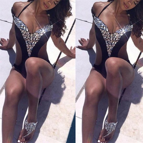 

one-piece suits 2021 women one piece swimwear bathing monokini push up unpadded bikini rhinestone hollow swimsuit beach wear