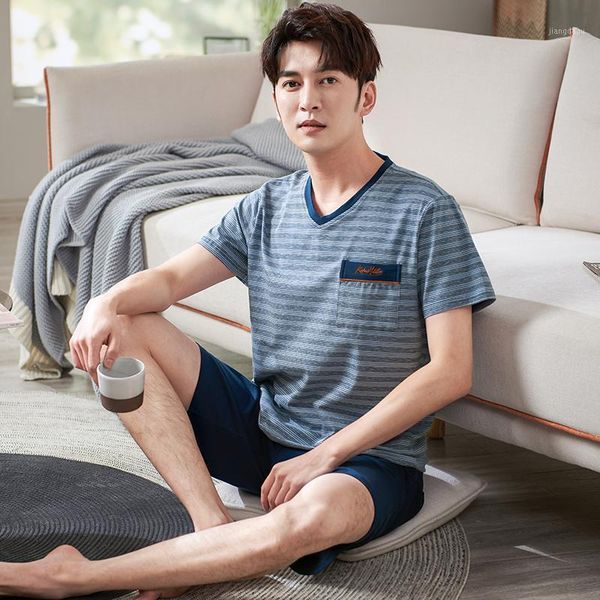 

men's sleepwear stretch cotton pajamas summer thin striped short-sleeved v-neck large size casual wearable youth home service suit, Black;brown