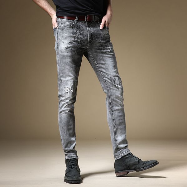 

2021 calas de brim masculinas vero antigo fazenda ferramentas impresso denim casual fino ajuste lpis tklc, White;black