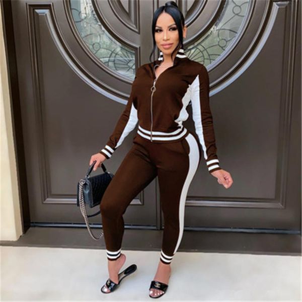 

womens ribbing splicing sets fashion trend cardigan long sleeve zipper pants tracksuits designer female autumn casual loose 2pcs sets, Gray