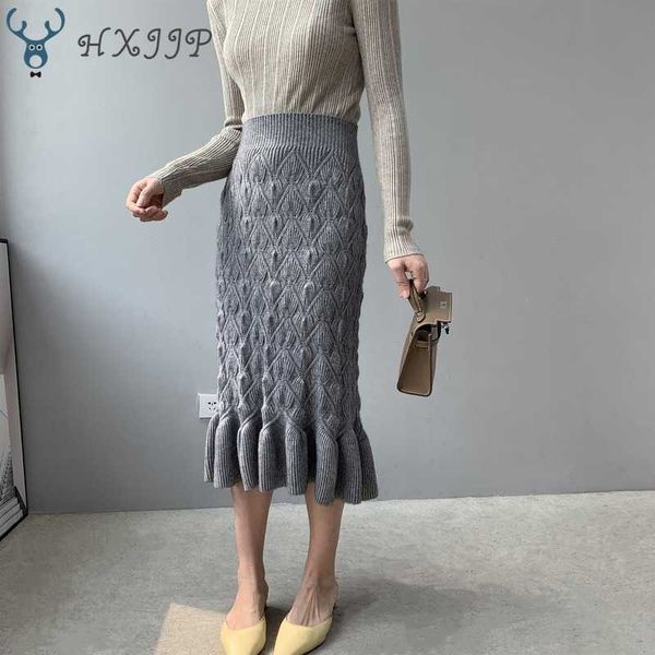 

women fishtail skirt spring autumn high-waisted elastic diamond female trumpet / mermaid ruffles knitted s 210607, Black