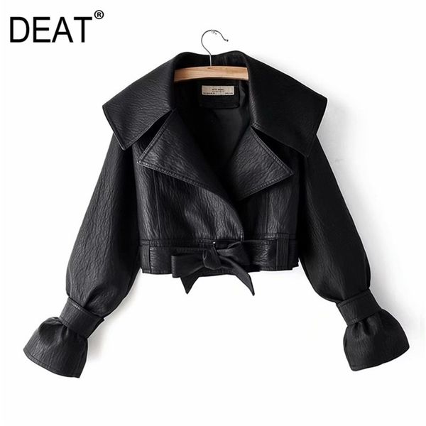 

[deat] spring autumn fashion coat loose flare sleeve turn-down collar black pu leather women jacket 13c748 210527, Black;brown