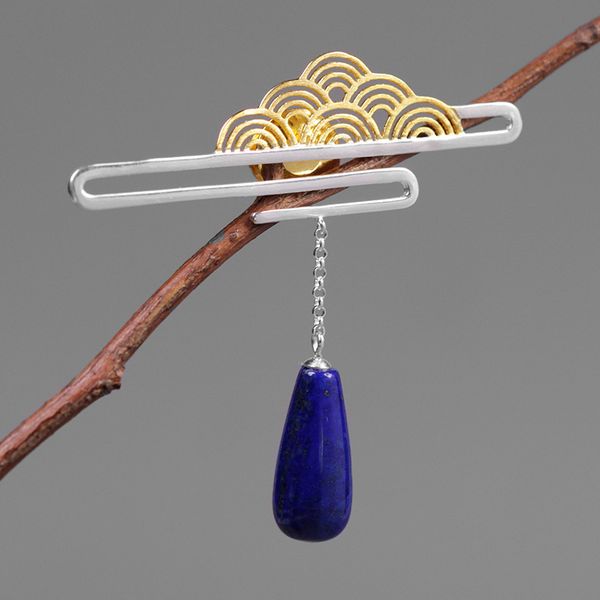 

inature 925 sterling silver blue lapis lazuli vintage cloud water drop brooch pins for women sh190721, Gray