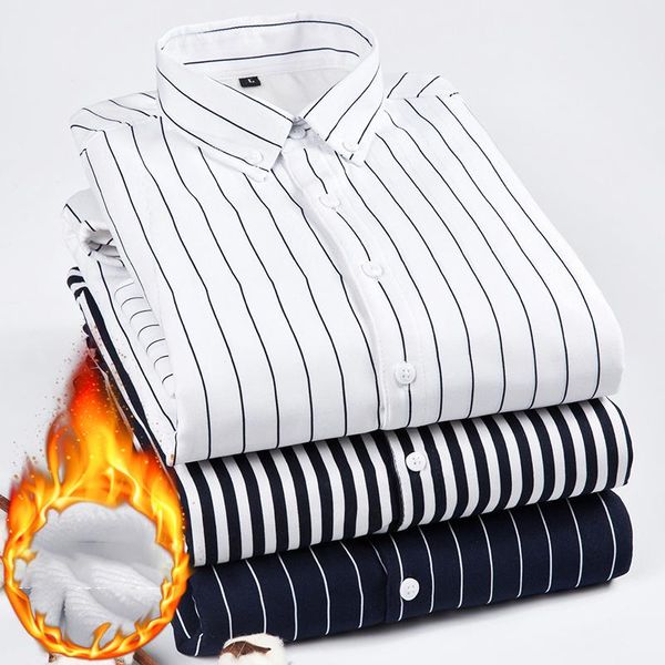

men's casual shirts men winter fashion fleece lined warm thick classical striped male long sleeve lapel brushed clothing, White;black