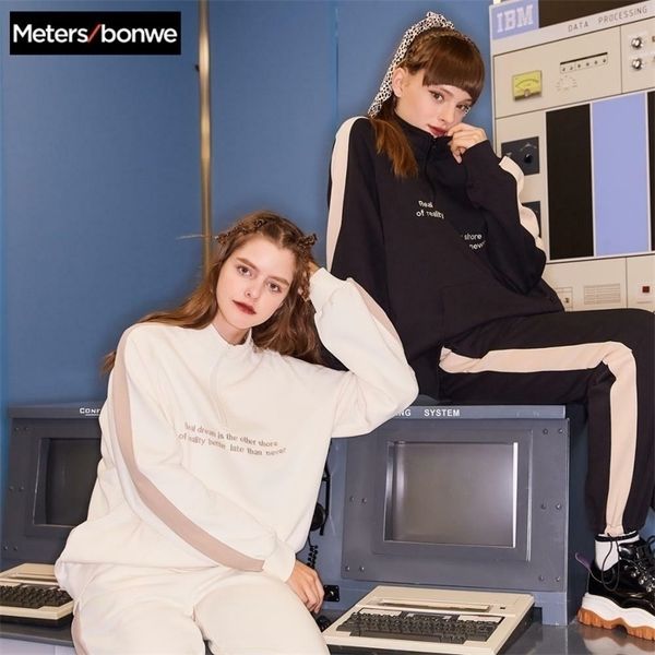 

metersbonwe spring new high collar sweatshirt for women letter lady fashion contrast color leisure sweatshirt female 201106, Black