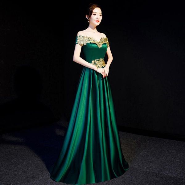 

ethnic clothing pleated banquet party dress gown green slash neck qipao backless off shoulder cheongsam flower appliques elegant vestid, Red