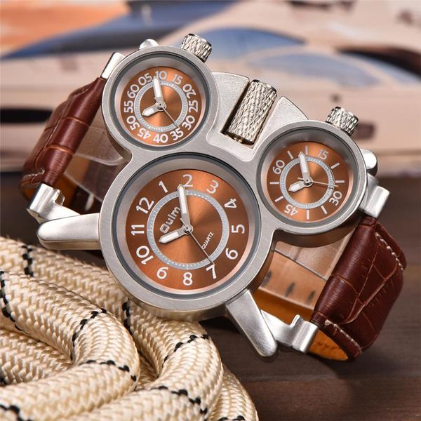 

wristwatches oulm 1167 three time zone men's watches limited edition sports watch male leather wristwatch relogio masculino, Slivery;brown