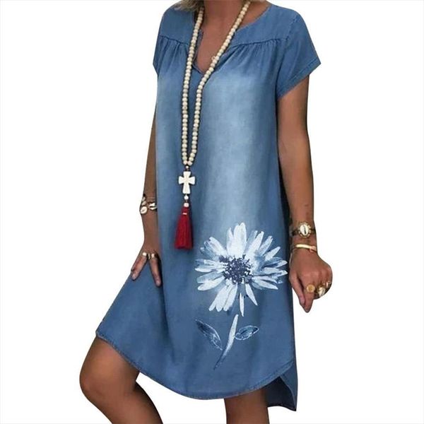 

plus size fashion short sleeve women dress chrysanthemum print irregular hem loose elegant party denim, Black;gray