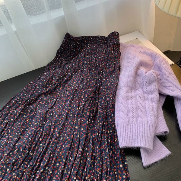 

2021 new purple taro retro female autumn fresh shredded flower long chiffon skirt umbrella 11ve, Black