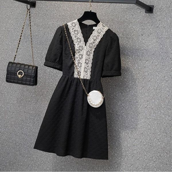 

plus size dresses summer v neck casual boho elegant sleeve patchwork mini dress women ruffle beach party vestido big, Black