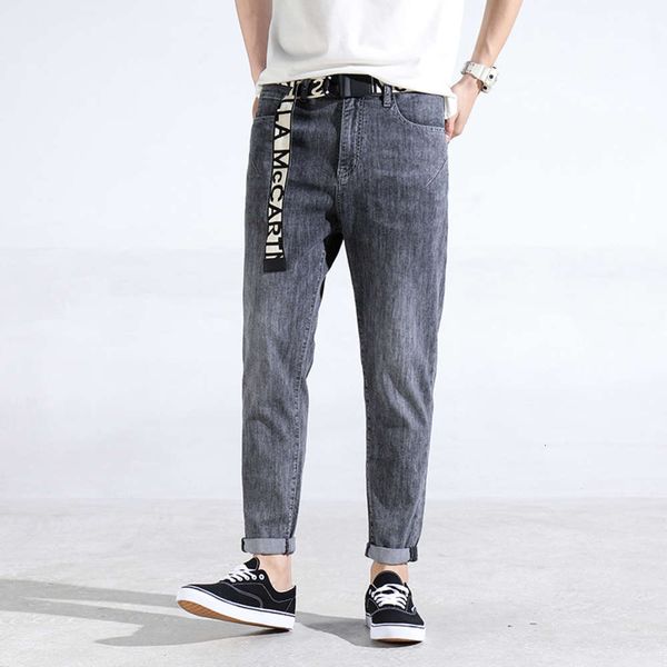 

summer slim small leg straight capris korean fashion casual stretch thin men's grey denim pantswinter, Blue