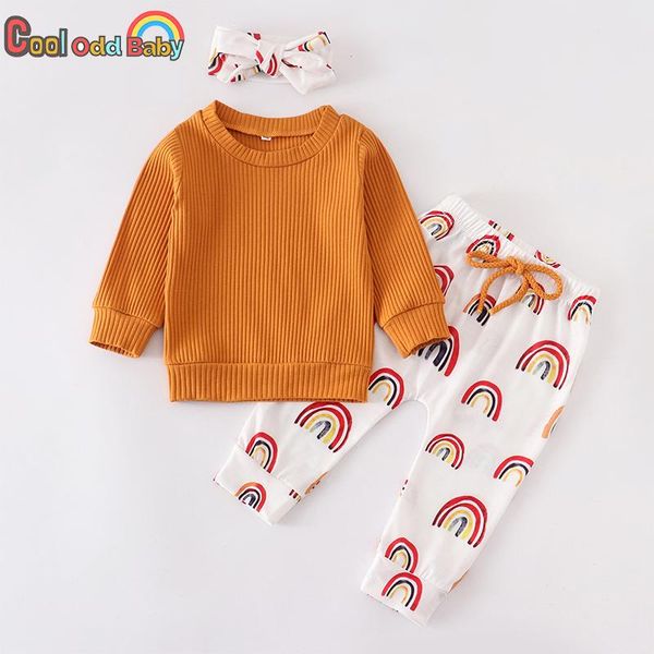 

clothing sets born baby girl clothes set fall fashion solid knit long sleeves rainbow pants headband spring 3pcs infant outfit, White