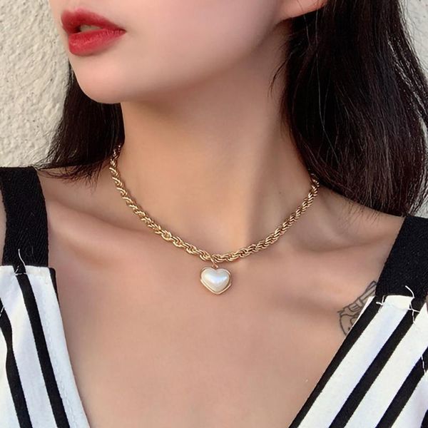 

chains ingesight.z simulated pearl love heart pendant necklaces kpop twisted metal rope chain choker for women neck jewelry, Silver