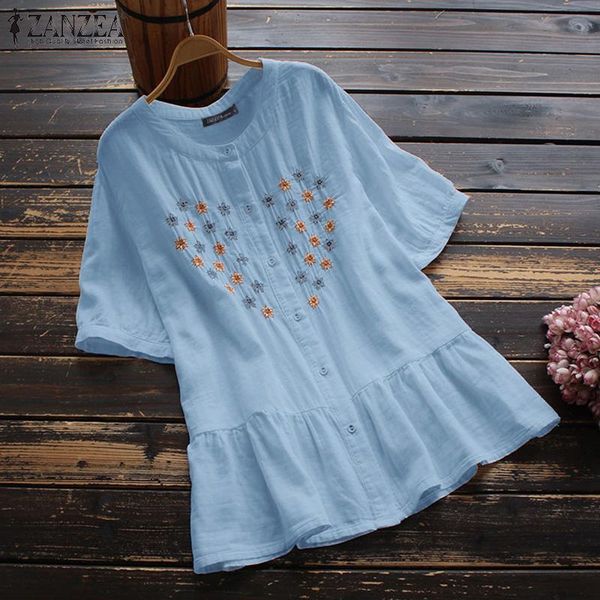 

women's blouses & shirts floral embroidery blouse summer short sleeve loose baggy chemise zanzea women o neck cotton shirt vintage ruff, White