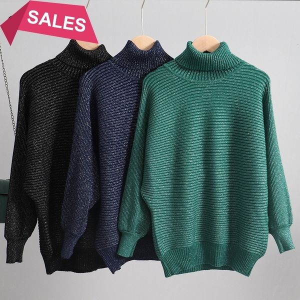 

new oversize 2021 glitter turtlelneck women autumn winter warm knitted jumper batwing sleeve pullover sweater 2081, White;black