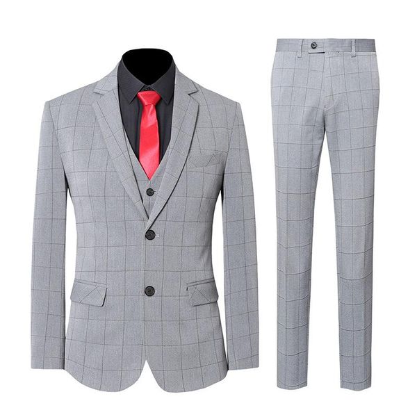 

men's suits & blazers s-5xl men formal grey plaid pants 3 piece set male slim fit business casual wedding groom jacket coat trousers, White;black