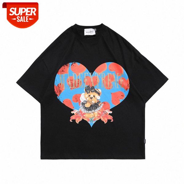 

cartoon fun love printed short-sleeved t-shirt men ins summer street loose round neck five-point sleeve #0n62, White;black