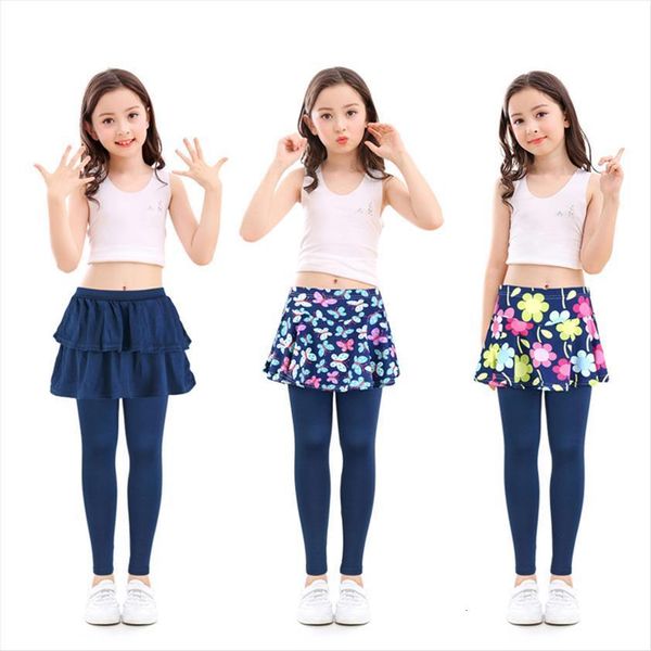

cotton kids girls leggings with skirt culottes render pants for children flower floral printed elastic pencil trousers, Blue