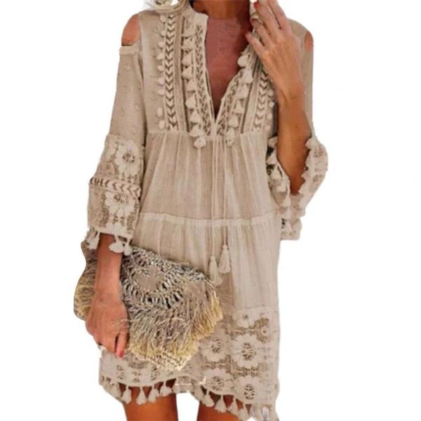 

casual dresses plus size women dress elegant solid color deep v neck tassel 3/4 sleeve hollow out loose mini beach party, Black;gray