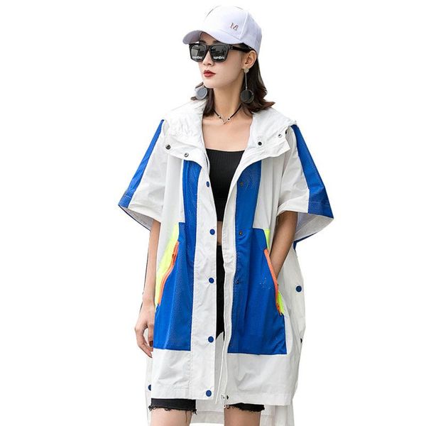 

women's trench coats qing mo front short back long women hooded coat 2021 summer patchwork female batwing sleeve zqy6841, Tan;black