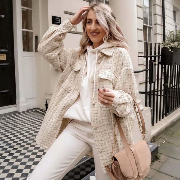 

women's jackets women polyester pearls fashion ladies thick shirt plaid coat female streetwear elegant girls oversize jacket chicy909, Black;brown