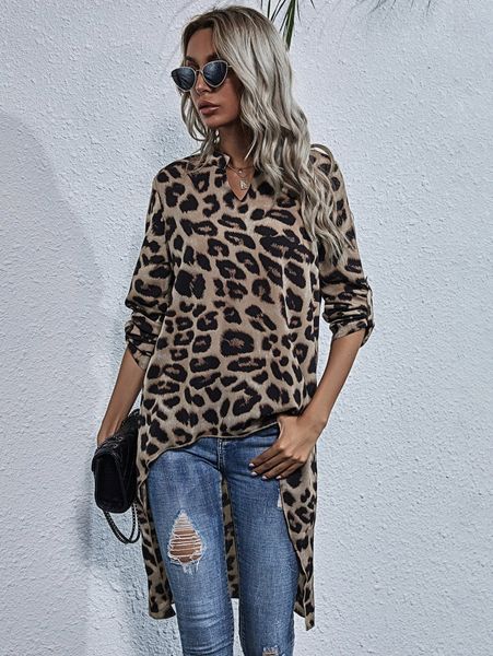 

notched leopard high low blouse x30r#, White