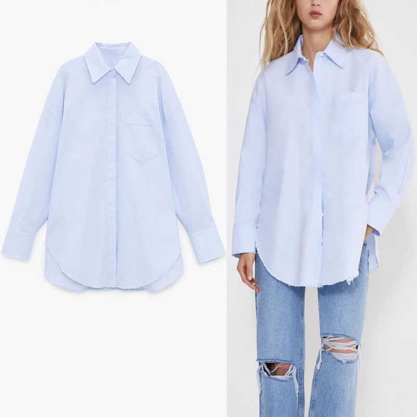 ZA rasgado camisa de bolso mulheres mais tamanho solto manga longa asmétrica top feminino moda lado vents céu azul camisas 210602