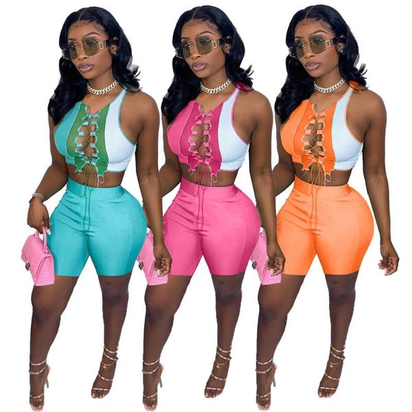 

women's tracksuits lady two piece sets women patchwork tank bike shorts sporty 2 pcs outfits party club wear streetwear matching, Gray