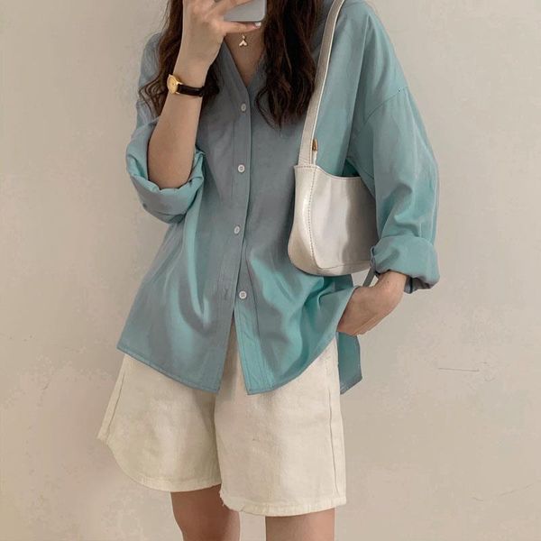 

solid vintage blouse women office lady elegant long sleeve shirts mujer spring summer 2021 v neck work wear women, White