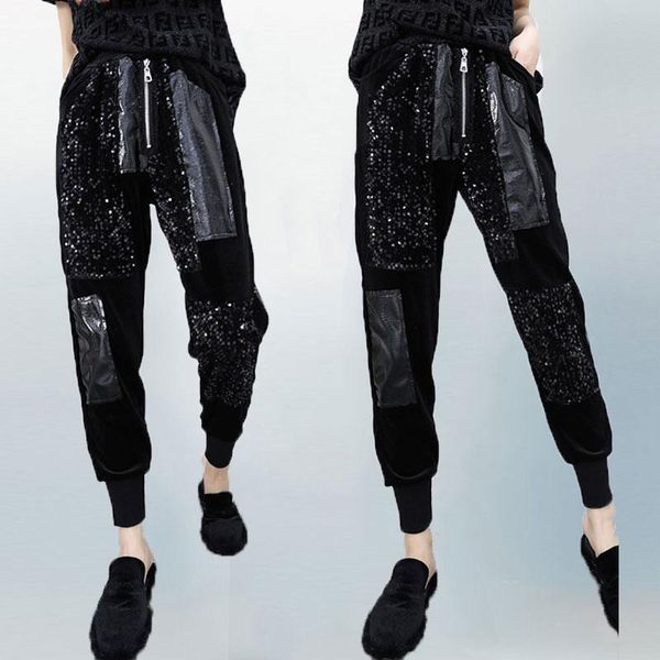 

women's pants & capris 2021 autumn nine women european elastic waist gold velvet patchwork sequins harem casual pant tide 308, Black;white