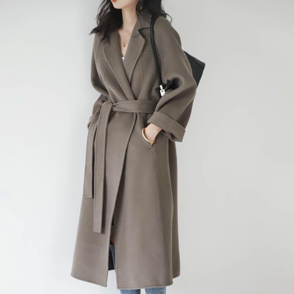 

women's wool & blends women elegant long coat with belt solid color fashion ladies double-faced cashmere 2021 autumn winter female over, Black