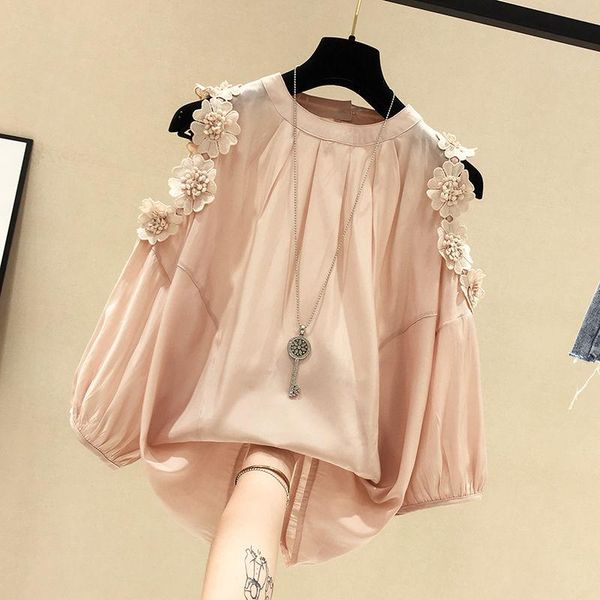 

flower off shoulder short sleeve women chiffon blouse plus size summer loose casual ladies puff sleeve solid color, White