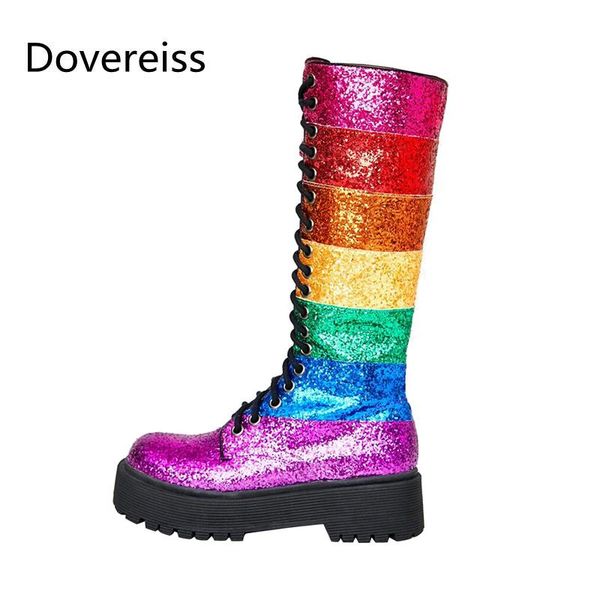 

boots dovereiss fashion winter zapatillas mujer elegant round toe ladies mixed colors knee high zipper big size 47, Black