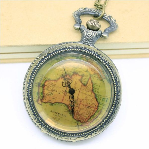 

pocket watches 10pcs in steampunk map dail cranberry glass quartz watch retro necklace unique party nostalgia gift, Slivery;golden