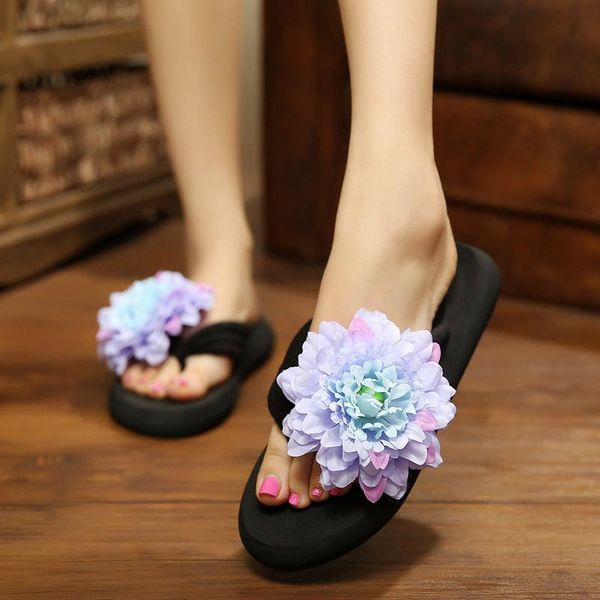 

slippers summer women hand made with flowers beach sandals slope thick bottom flip flops non-slip flop shoes woman, Black