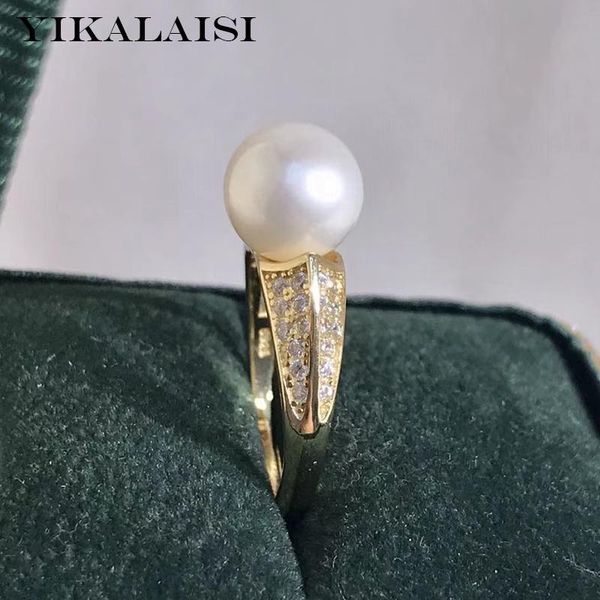 

cluster rings yikalaisi 925 sterling silver jewelry for women 9-10mm round natural freshwater pearl arrivals wholesales, Golden;silver