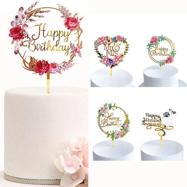 

ins wind cross-border color printing flower acrylic cake wedding cake happy insert decoration birthday t2o7
