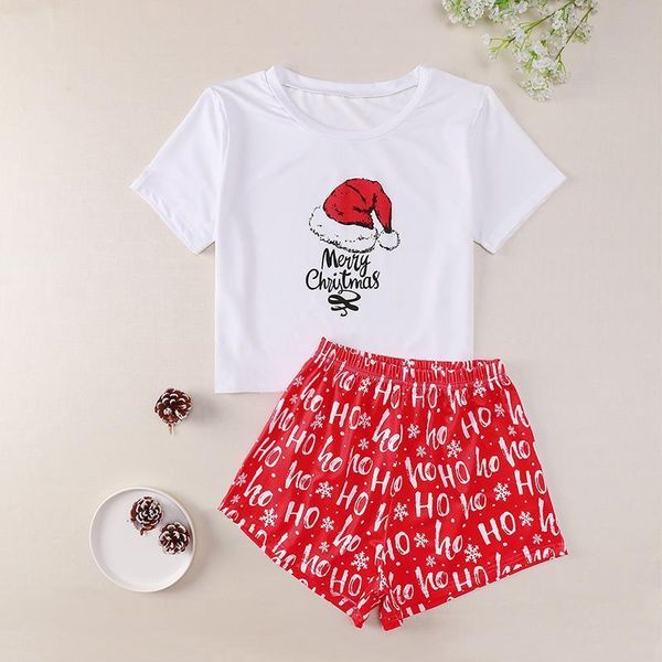

2020 casual merry christmas cartoon print short sleeve tshirt shorts women pajama sets christmas women pajama sets dropshipping, Black;red