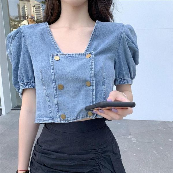 

women's jackets women basic v-neck buttons solid puff short sleeve crop womens elegant ladies korean style casual daily, Black;brown