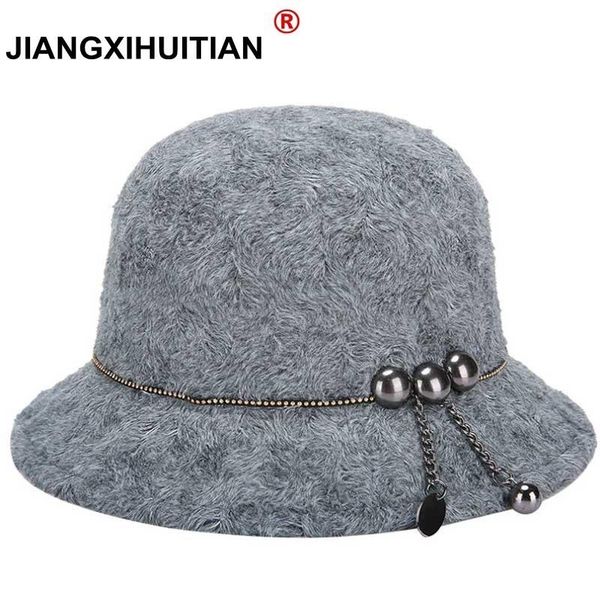 

stingy brim hats 2021 fashionwomen bowler winter hat wool cloche round cap fedora bucket vintage camel fashion elegant, Blue;gray