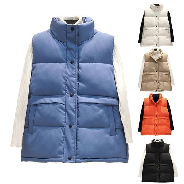 

women's vests womens winter warm sleeveless puffer jacket stand collar button down bubble vest coat solid color quilted loose waistcoat, Black;white