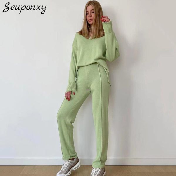 

women's two piece pants autumn 2021 knitted loose 2 two-piece set v-neck long-sleeved + waist casual, White