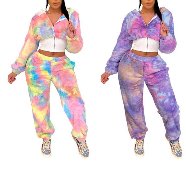 

women's two piece pants 2021 women tracksuit autumn casual suit tie dye print front zipper hooded collar long sleeve coat+trousers 2pcs, White