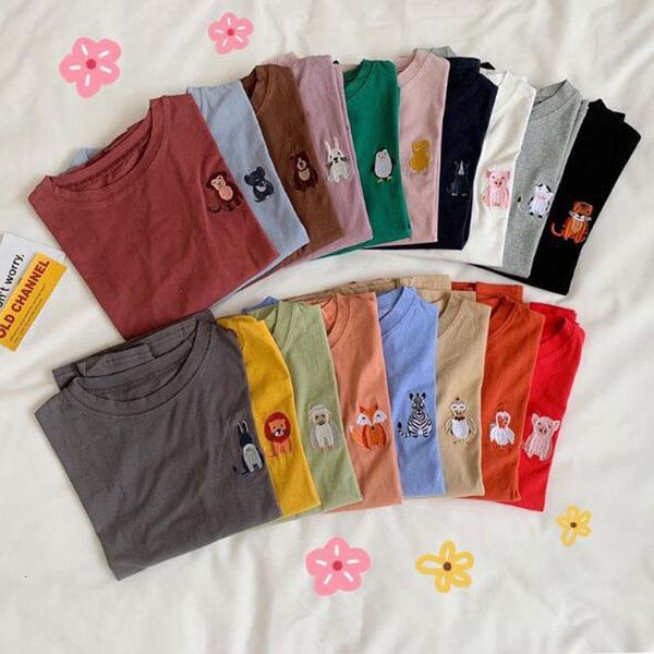 

new fashion women t-shirts cute animal embroidery short sleeve o neck women tees casual slim fit women t shirts, White