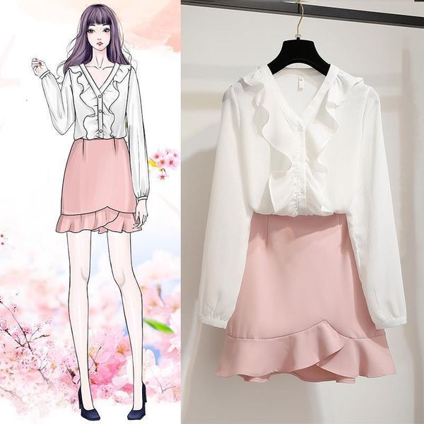 

2021 new spring autumn womens v-necked ruffled blouse shirt+high waist mini skirt 2 pieces ladies chic elegant skirts set outfit r08rrwd, Black;gray