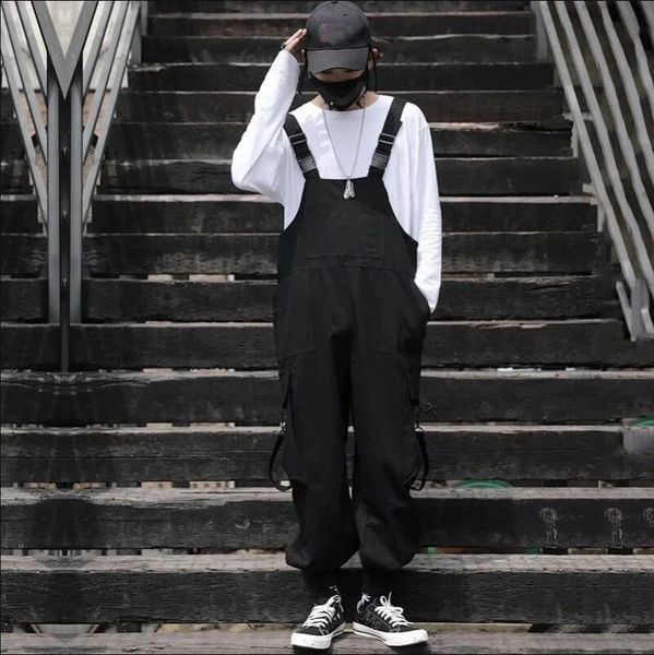 

men's pants godlikeu men jumpsuits streetwear solid loose fashion rompers bib multi pockets casual cargo overalls, Black