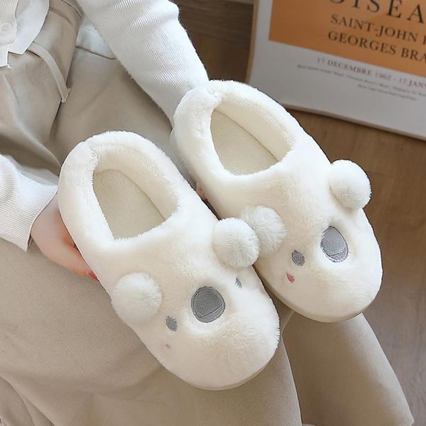 

slippers winter heel wrap man women funny koalas cartoon cotton cute anti-slip bedroom flat girl plush fluffy shoes, Black