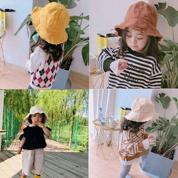

caps & hats toddler baby cotton sunscreen floppy bucket cap solid color vintage washed fringed tassels wide brim hip hop kids fisherman hat, Yellow